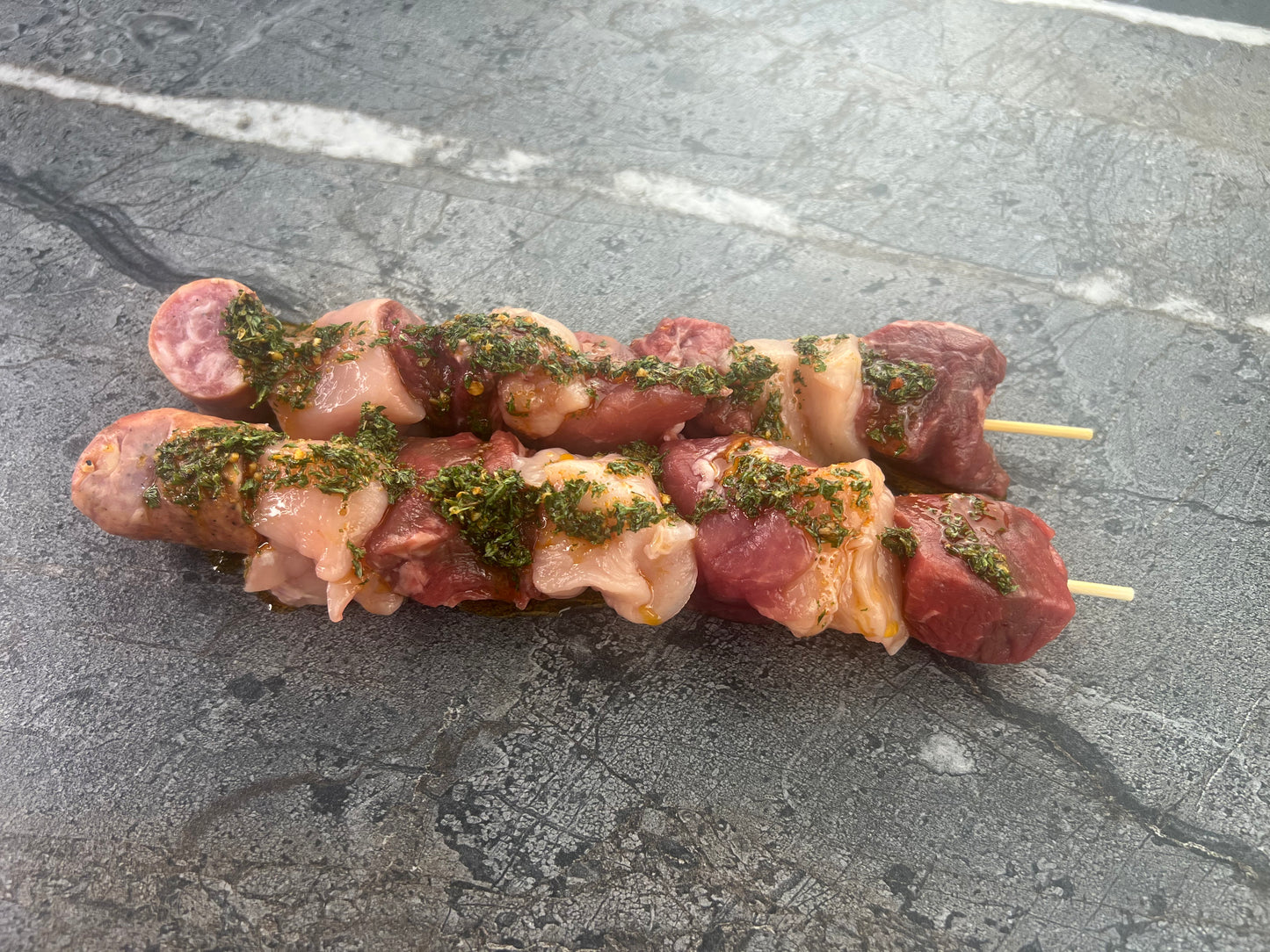 Beef, Pork & Chicken Skewers W/Chimichurri/ Brochetas Pollo, Res y Cerdo C/Chimichurri