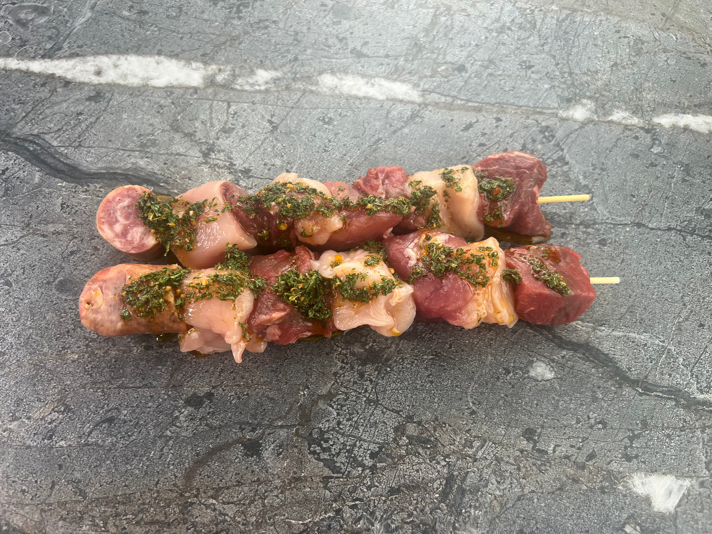 Beef, Pork & Chicken Skewers W/Chimichurri/ Brochetas Pollo, Res y Cerdo C/Chimichurri